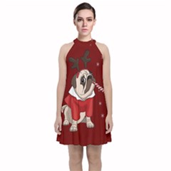 Pug Xmas Velvet Halter Neckline Dress  by Valentinaart