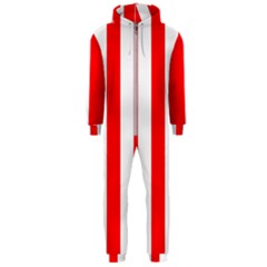 Wide Red And White Christmas Cabana Stripes Hooded Jumpsuit (men)  by PodArtist