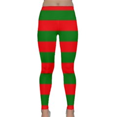 Red And Green Christmas Cabana Stripes Classic Yoga Leggings by PodArtist