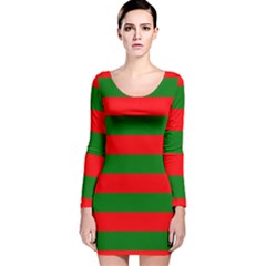 Red And Green Christmas Cabana Stripes Long Sleeve Velvet Bodycon Dress by PodArtist