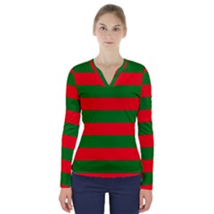 Red And Green Christmas Cabana Stripes V-neck Long Sleeve Top by PodArtist