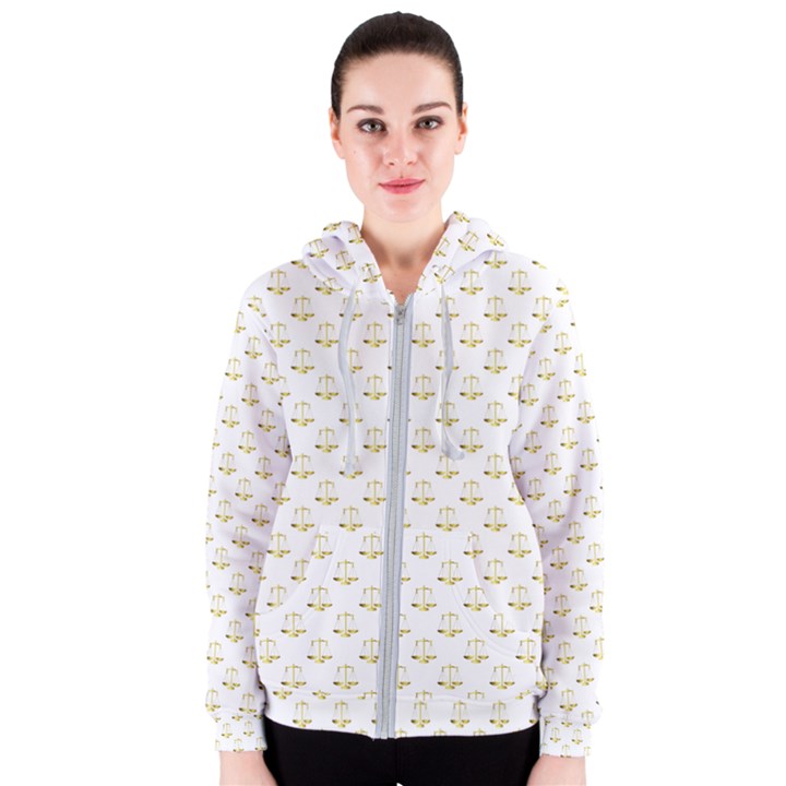 Gold Scales Of Justice on White Repeat Pattern All Over Print Women s Zipper Hoodie