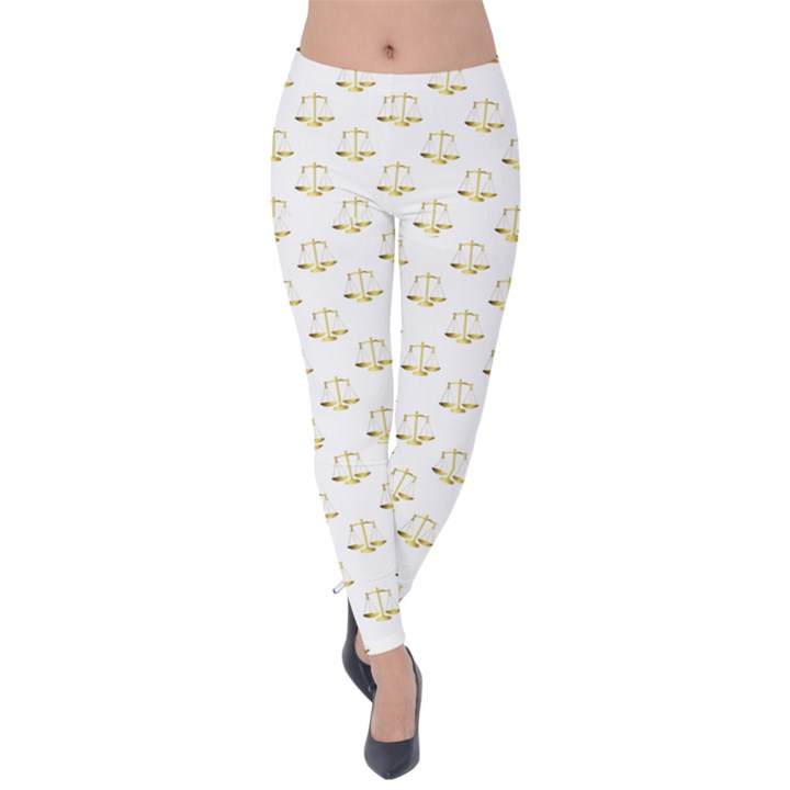 Gold Scales Of Justice on White Repeat Pattern All Over Print Velvet Leggings