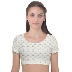 Gold Scales Of Justice On White Repeat Pattern All Over Print Velvet Short Sleeve Crop Top  by PodArtist