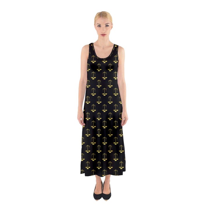 Gold Scales Of Justice on Black Repeat Pattern All Over Print  Sleeveless Maxi Dress