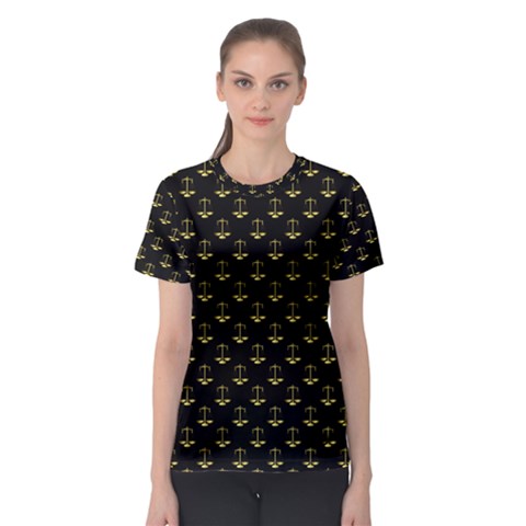 Gold Scales Of Justice On Black Repeat Pattern All Over Print  Women s Sport Mesh Tee by PodArtist