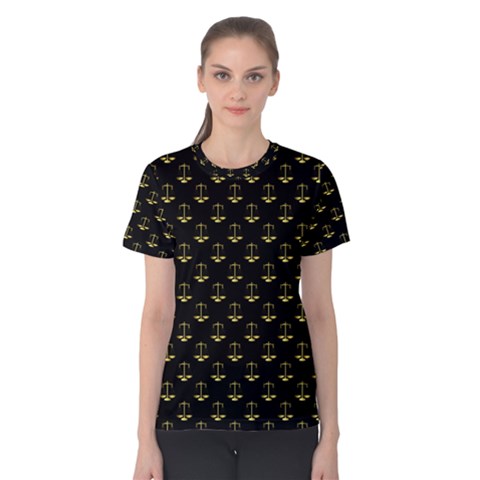 Gold Scales Of Justice On Black Repeat Pattern All Over Print  Women s Cotton Tee by PodArtist