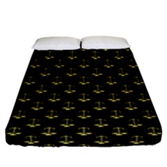 Gold Scales Of Justice On Black Repeat Pattern All Over Print  Fitted Sheet (queen Size) by PodArtist