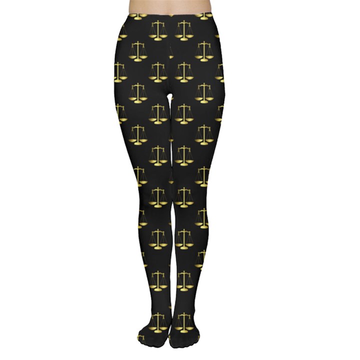 Gold Scales Of Justice on Black Repeat Pattern All Over Print  Women s Tights