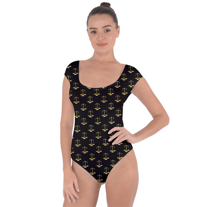 Gold Scales Of Justice on Black Repeat Pattern All Over Print  Short Sleeve Leotard 