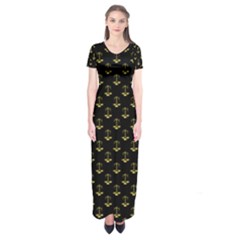 Gold Scales Of Justice On Black Repeat Pattern All Over Print  Short Sleeve Maxi Dress by PodArtist