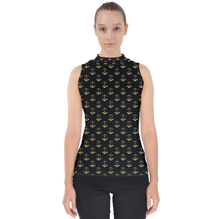 Gold Scales Of Justice on Black Repeat Pattern All Over Print  Shell Top