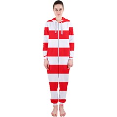 Christmas Red And White Cabana Stripes Hooded Jumpsuit (ladies)  by PodArtist