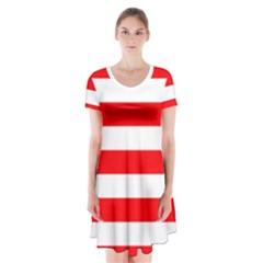 Christmas Red And White Cabana Stripes Short Sleeve V-neck Flare Dress by PodArtist