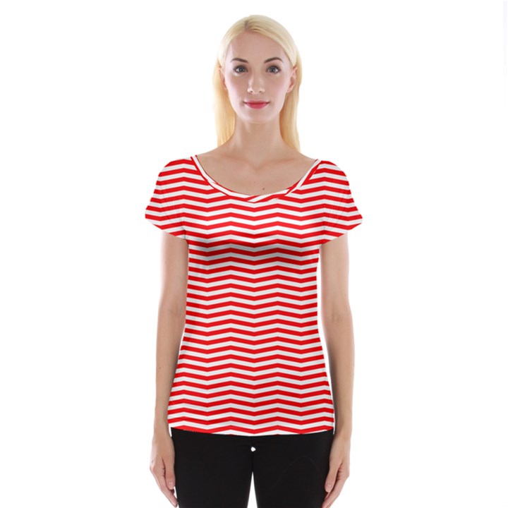 Christmas Red and White Chevron Stripes Cap Sleeve Tops