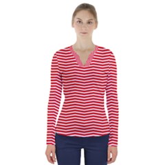 Christmas Red And White Chevron Stripes V-neck Long Sleeve Top by PodArtist