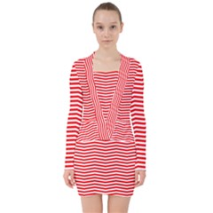 Christmas Red And White Chevron Stripes V-neck Bodycon Long Sleeve Dress by PodArtist