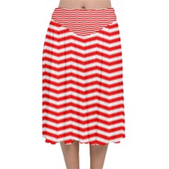 Christmas Red And White Chevron Stripes Velvet Flared Midi Skirt