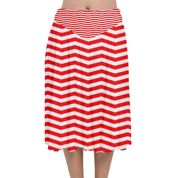 Christmas Red and White Chevron Stripes Velvet Flared Midi Skirt