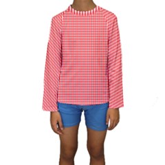 Small Snow White And Christmas Red Gingham Check Plaid Kids  Long Sleeve Swimwear by PodArtist