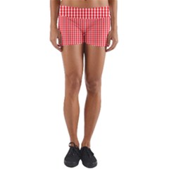 Small Snow White And Christmas Red Gingham Check Plaid Yoga Shorts by PodArtist