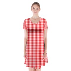 Small Snow White And Christmas Red Gingham Check Plaid Short Sleeve V-neck Flare Dress by PodArtist