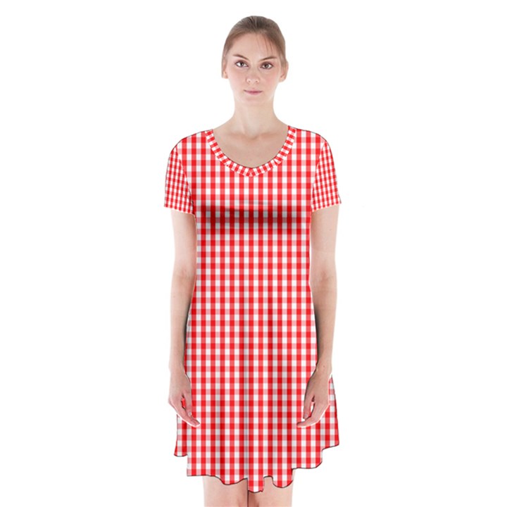 Small Snow White and Christmas Red Gingham Check Plaid Short Sleeve V-neck Flare Dress