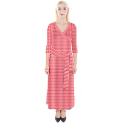 Small Snow White And Christmas Red Gingham Check Plaid Quarter Sleeve Wrap Maxi Dress by PodArtist