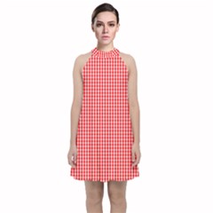 Small Snow White And Christmas Red Gingham Check Plaid Velvet Halter Neckline Dress  by PodArtist