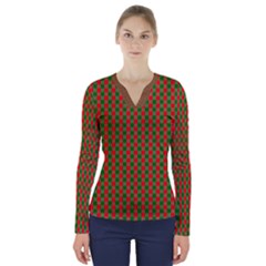 Large Red And Green Christmas Gingham Check Tartan Plaid V-neck Long Sleeve Top by PodArtist