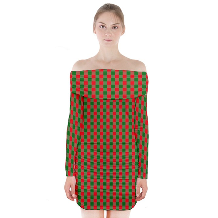 Large Red and Green Christmas Gingham Check Tartan Plaid Long Sleeve Off Shoulder Dress