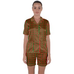 Large Red And Green Christmas Gingham Check Tartan Plaid Satin Short Sleeve Pyjamas Set by PodArtist