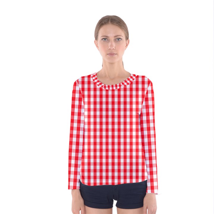 Large Christmas Red and White Gingham Check Plaid Women s Long Sleeve Tee