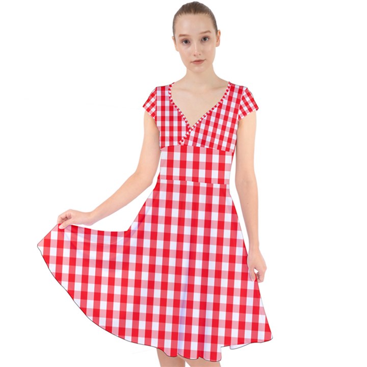 Large Christmas Red and White Gingham Check Plaid Cap Sleeve Front Wrap Midi Dress