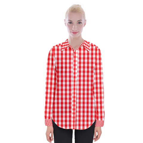 Large Christmas Red And White Gingham Check Plaid Womens Long Sleeve Shirt by PodArtist