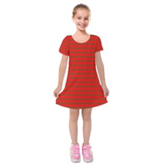 Christmas Red And Green Bedding Stripes Kids  Short Sleeve Velvet Dress by PodArtist