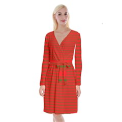 Christmas Red And Green Bedding Stripes Long Sleeve Velvet Front Wrap Dress by PodArtist