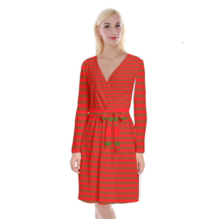 Christmas Red and Green Bedding Stripes Long Sleeve Velvet Front Wrap Dress