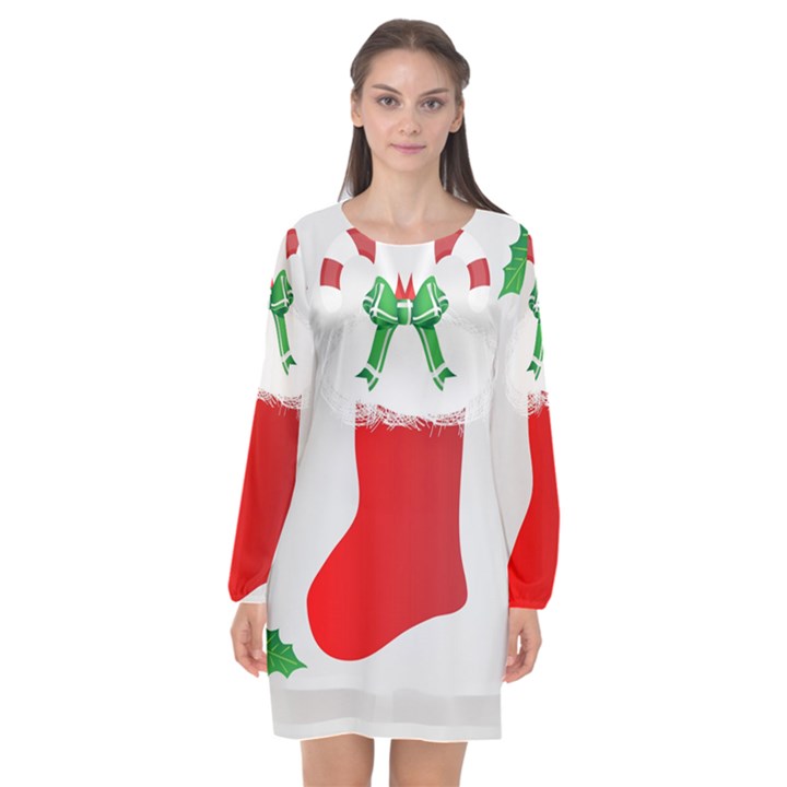 Christmas Stocking Long Sleeve Chiffon Shift Dress 