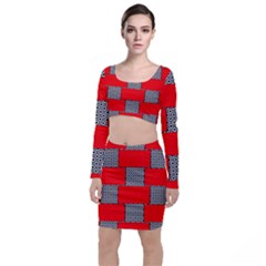 Black And White Red Patterns Long Sleeve Crop Top & Bodycon Skirt Set