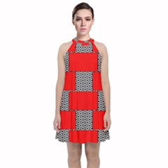 Black And White Red Patterns Velvet Halter Neckline Dress 