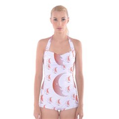 Moon Moonface Pattern Outlines Boyleg Halter Swimsuit  by Celenk