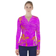 Spring Tropical Floral Palm Bird V-neck Long Sleeve Top by Celenk