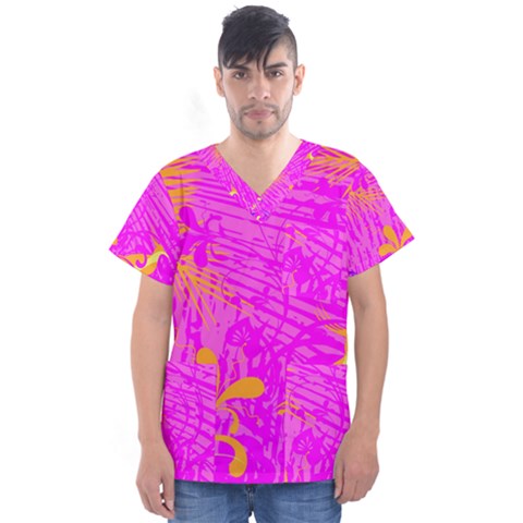 Spring Tropical Floral Palm Bird Men s V-neck Scrub Top by Celenk