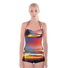 Sunset Mountain Indonesia Adventure Boyleg Halter Swimsuit  by Celenk