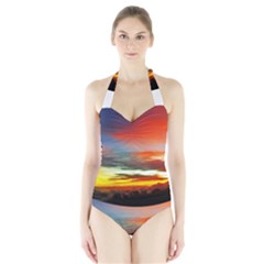 Sunset Mountain Indonesia Adventure Halter Swimsuit by Celenk