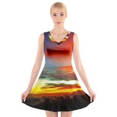 Sunset Mountain Indonesia Adventure V-neck Sleeveless Skater Dress by Celenk