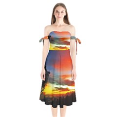 Sunset Mountain Indonesia Adventure Shoulder Tie Bardot Midi Dress by Celenk