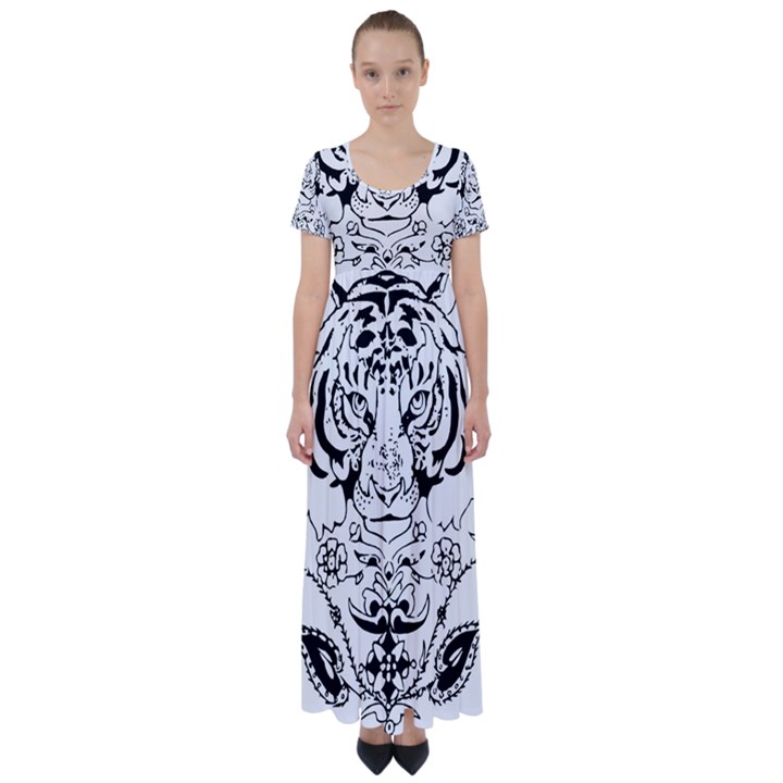 Tiger Animal Decoration Flower High Waist Short Sleeve Maxi Dress