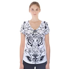 Tiger Animal Decoration Flower Short Sleeve Front Detail Top by Celenk